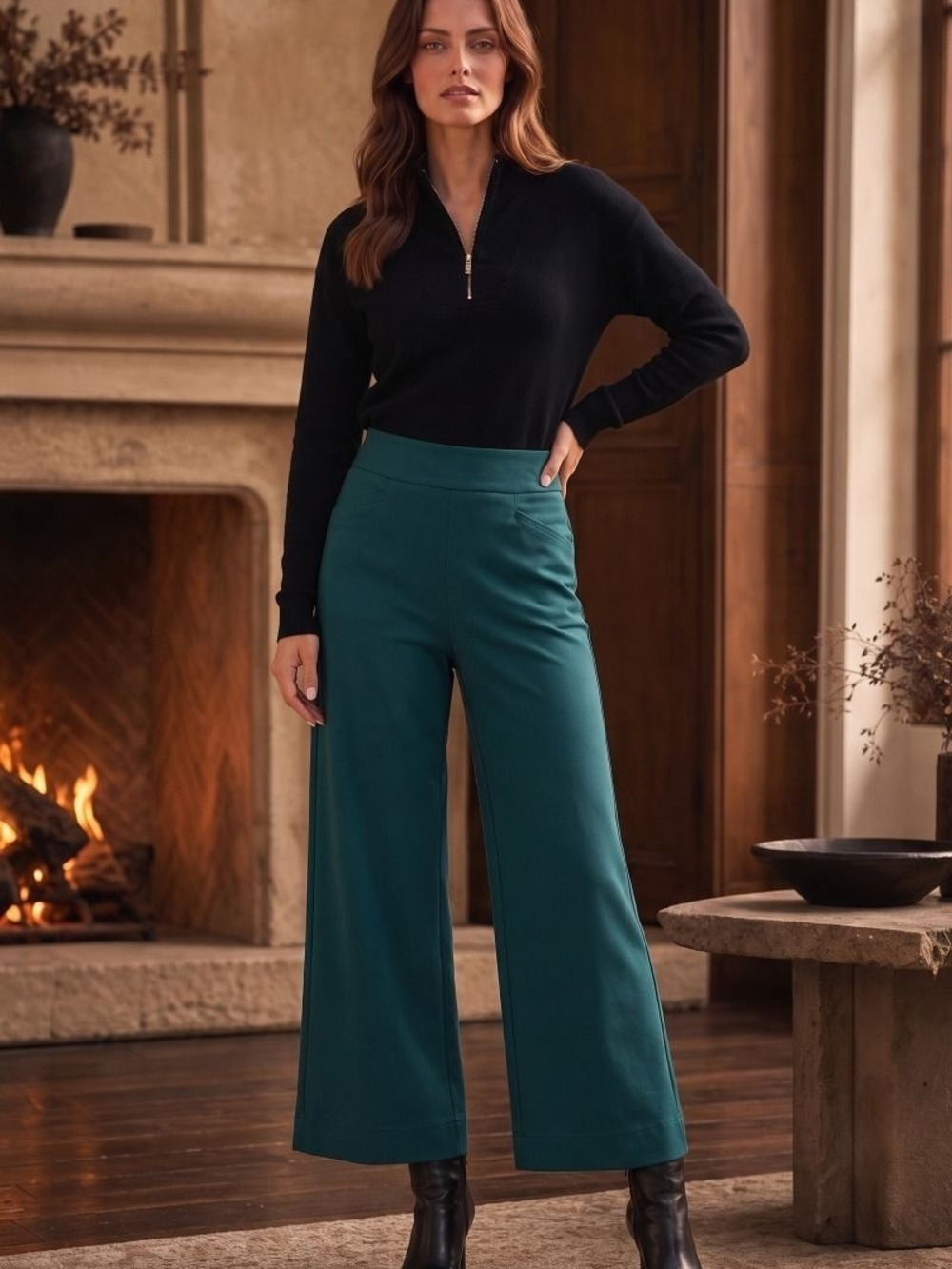 High-Waist Wide-Leg Teal Pants